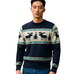 Vtg Tom Mix Flying School Aspen moose and trees novelty winter sweater sz M